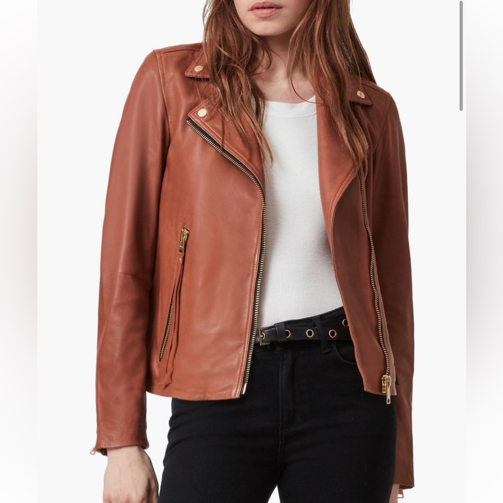 ALL SAINTS DALBY LEATHER Biker Jacket - Cognac size 0 Excellent condition
